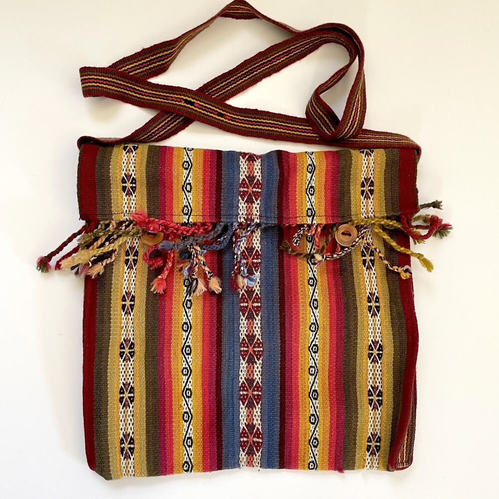 Boho Tapestry Crossbody Shoulder Bag Southwest Peruvian Folk Fringe Hippie Retro
